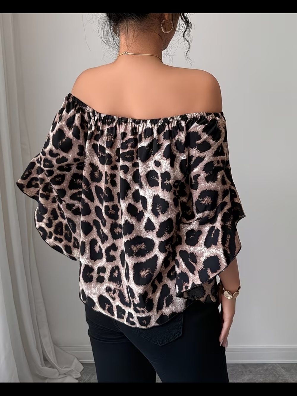Off-Shoulder Leopard Print Blouse in Tan and Black - Picture 2 of 5